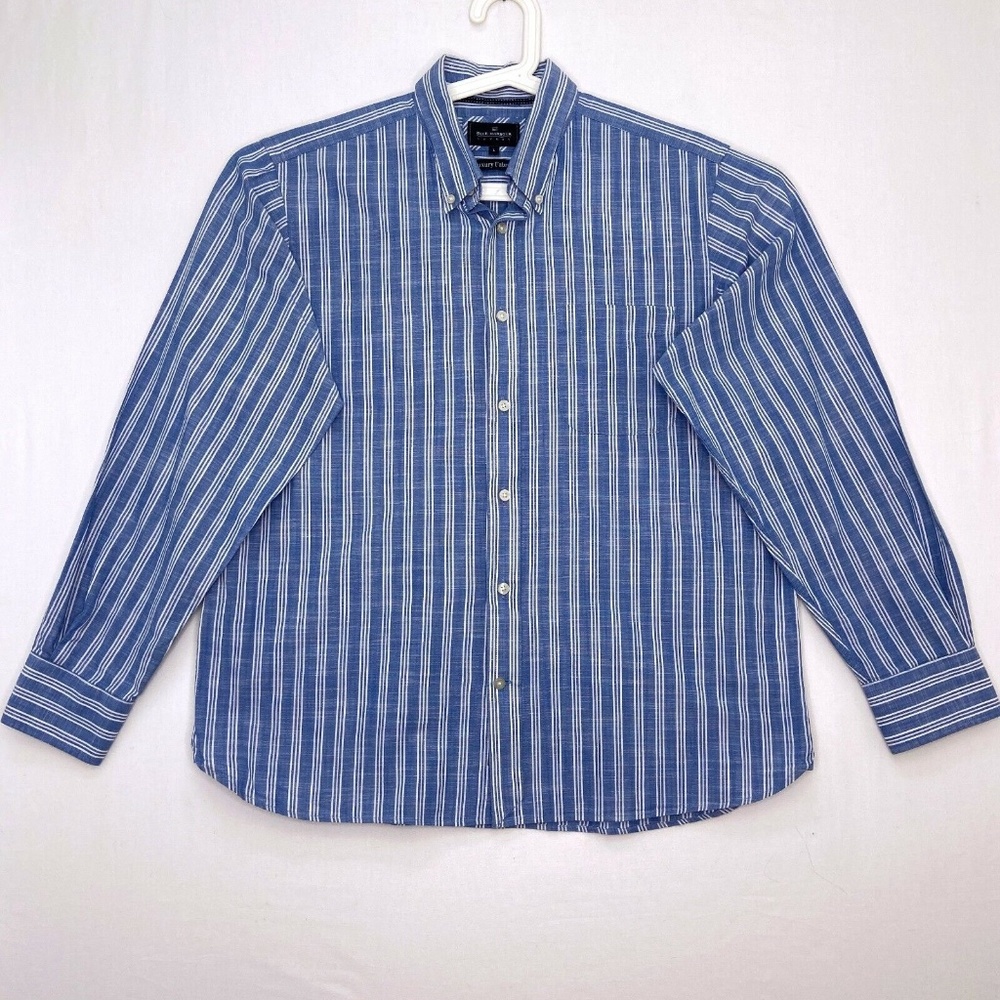 Blue Harbour Mens Size Large Button Down Shirt Blue White Stripes Cotton Luxury